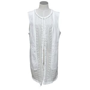 Chico's Womens Cream Boho Crochet Lace Fringe Longline Cottage Vest Sz 2/Large